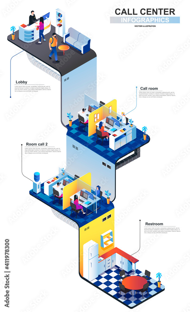 Fototapete Call center modern isometric infographics. 3d isometry graphic design concept with lobby, call room and restroom. Technical support multi level isometric composition with people, vector illustration.
