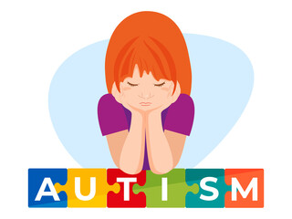 Puzzle with Autism sign. Sad kid girl sitting and thinking alone.