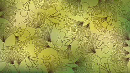 Watercolor elegant wallpaper line art leaves and ginkgo berries on green blurred background