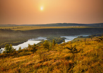 Stunning view of the sinuous Dniestr river in sundown.