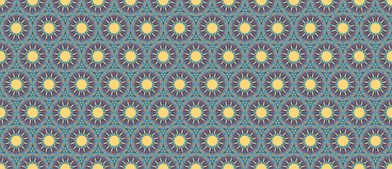 Wallpaper with ethnic mosaics in brown, yellow, blue and burgundy colors. Pattern in the shape of the sun