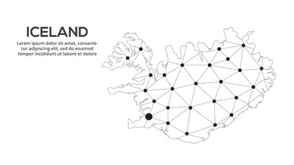 Iceland communication network map. Vector image of a low poly global map with city lights. Map in the form of lines and dots