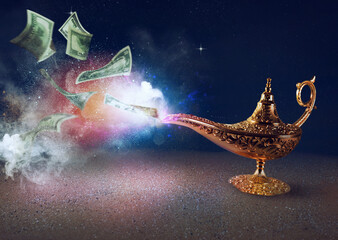 Banknotes exists from magic aladdin genie lamp in a desert