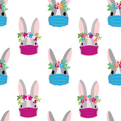 Seamless pattern with sheep on green background. Repeating kids vector background. Cute animal lamb illustration and flowers for fabric, textile, wrapping paper. Vector illustration.