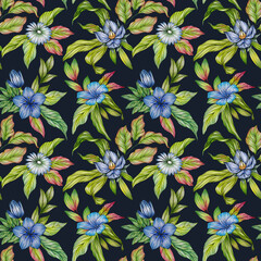 Hand drawn colorful seamless pattern with flowers and foliage on dark background