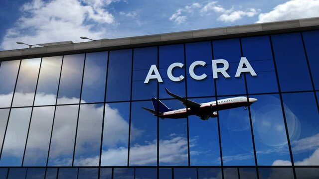 Jet aircraft landing at Accra, Ghana 3D rendering animation. Arrival in the city with the glass airport terminal and reflection of the plane. Travel, business, tourism and transport concept.