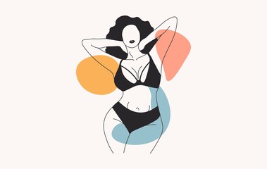 Stylish faceless woman. Hand drawn female silhouette with abstract shapes for print. Body positive concept. Vector fashion illustration