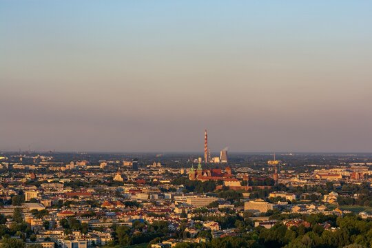 Panorama of Krakow from the Kościuszko Mound - view of the old town, Wawel Castle, Cathedral, smog, air pollution, Cracow, Krakow, Poland