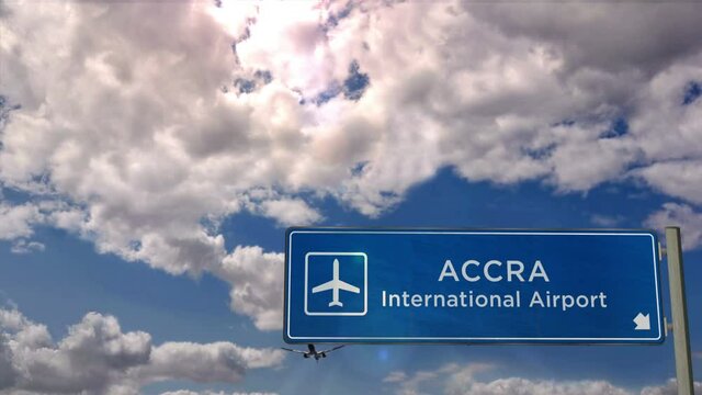 Jet plane landing in Accra, Ghana. City arrival with airport direction sign. Travel, tourism and transport concept. 3D rendering animation.
