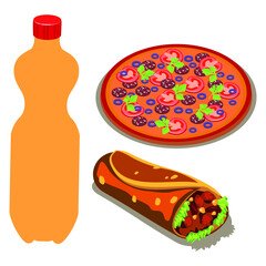 Soda, pizza and hotdog isolated vector on white background