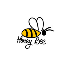 Bee logo with lettering text Honey Bee. Minimal branding. Vector