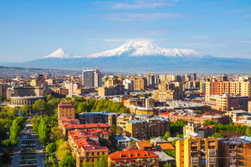 Mount Ararat (Turkey) at 5,137 m viewed from Yerevan, Armenia. This snow-capped dormant compound...