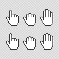Pixel cursors icons. Vector Mouse hand symbol. Black and white illustration. EPS 10.