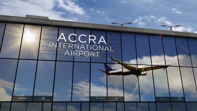 Jet aircraft landing at Accra, Ghana 3D rendering animation. Arrival in the city with the glass airport terminal and reflection of the plane. Travel, business, tourism and transport concept.