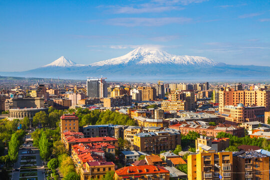 Mount Ararat (Turkey) at 5,137 m viewed from Yerevan, Armenia. This snow-capped dormant compound volcano consists of two major volcanic cones described in the Bible as the resting place of Noah's Ark.