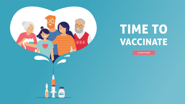 Family Vaccination concept design. Time to vaccinate banner - syringe with vaccine for COVID-19, flu or influenza and a family