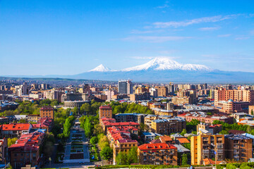Mount Ararat (Turkey) at 5,137 m viewed from Yerevan, Armenia. This snow-capped dormant compound volcano consists of two major volcanic cones described in the Bible as the resting place of Noah's Ark.