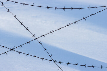 Old barbed wire on a background of snow. Barbed wire closeup. Shallow depth of field. Siberia, Russia.