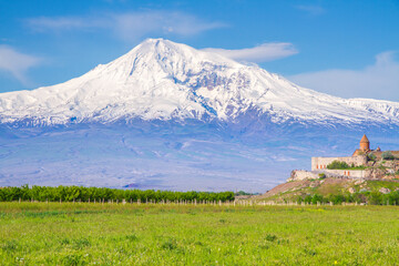 Awe-Inspiring medieval Khor Virap monastery in front of Mount Ararat viewed from Yerevan, Armenia....
