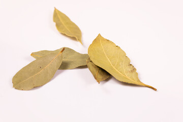 five yellow bay leaves lie side by side on a white surface