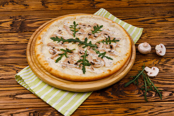 pizza with mushrooms and truffle sauce on wood background for restaurant menu1