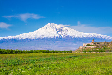 Awe-Inspiring medieval Khor Virap monastery in front of Mount Ararat viewed from Yerevan, Armenia....