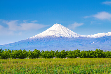 Mount Ararat (Turkey) at 5,137 m viewed from Yerevan, Armenia. This snow-capped dormant compound...
