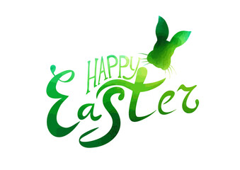 Happy Easter text. Green postcard with rabbit. Mixed media. Vector illustration