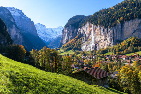 Lauterbrunnen village and Staubbach Falls, Bern, Switzerland