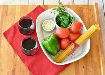 Simple healthy ingredients for preparing Italian pasta dinner at home cooking class. Photo concept fresh food, top view