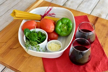 Simple healthy ingredients for preparing Italian pasta dinner at home cooking class. Photo concept fresh food, top view