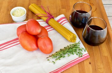 Simple healthy ingredients for preparing Italian pasta dinner at home cooking class. Photo concept fresh food, top view