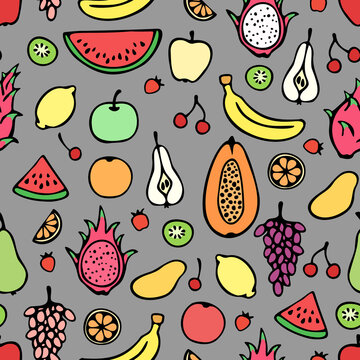 Vector seamless pattern of hand drawn colored fruits: pear, papaya, dragon fruit, banana, grape, watermelon, lemon, kiwi, mango, apple, cherry.