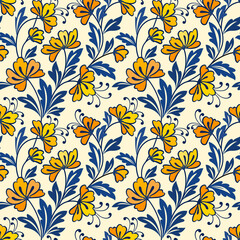 Yellow flower and blue leaf design seamless pattern.