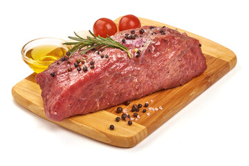 Uncooked beef meat with spices, isolated on white background