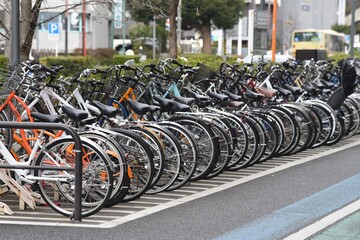 A view of the bicycle parking lot around the station in Japan.