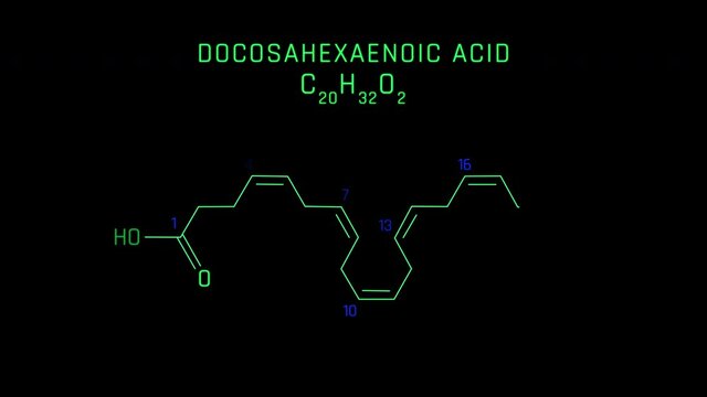 Docosahexaenoic Acid or DHA Molecular Structure Symbol Neon Animation on black background