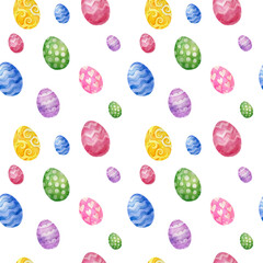 Watercolor seamless pattern with easter eggs on white background.