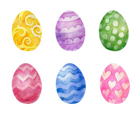 Watercolor colored easter eggs. Hand drawn illustration isolated on white background.