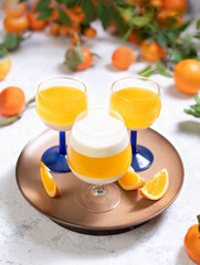 Italian dessert panna cotta with tangerine jelly layer in a glass