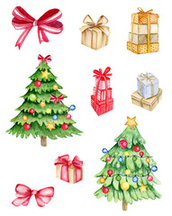 Set of watercolor christmas elements for stickers, greeting cards. Christmas trees and gift packages isolated on white background.