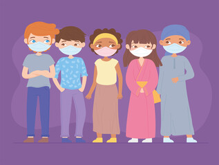cartoon girls and boys characters with medical face masks