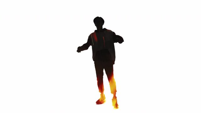 Double exposure dancer silhouette. Freestyle choreography. Orange burning in fire flames animation dark outline of energetic guy performing hip hop movements isolated on white copy space background.