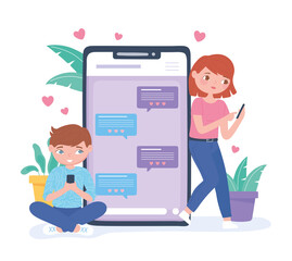 couple sending messages, chatting love, dating application