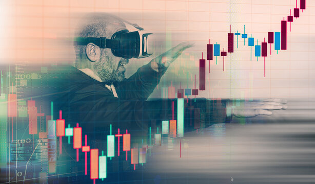 Man with VR glasses moves between charts in the stock market. Concept of investing at a speed of 5g.
