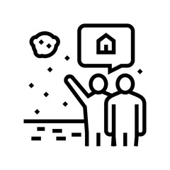 human showing space house in sky line icon vector. human showing space house in sky sign. isolated contour symbol black illustration