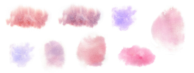 Set of pink and purple watercolor splashes, textured spots isolated on white background
