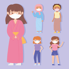 group of diverse girls wearing face mask for virus protection