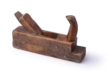 Old wooden hand plane for woodworking isolated on white background. Path included