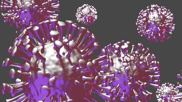 Stylized covid 19 purple virus close-up on dark background. 3D render
